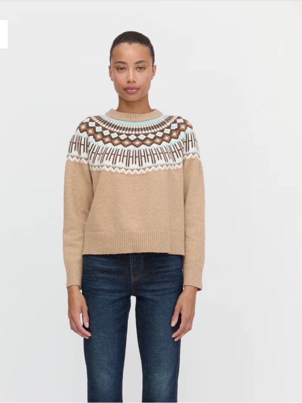 Hill House Beige Fair Isle Crewneck Sweater with White and Brown Yoke